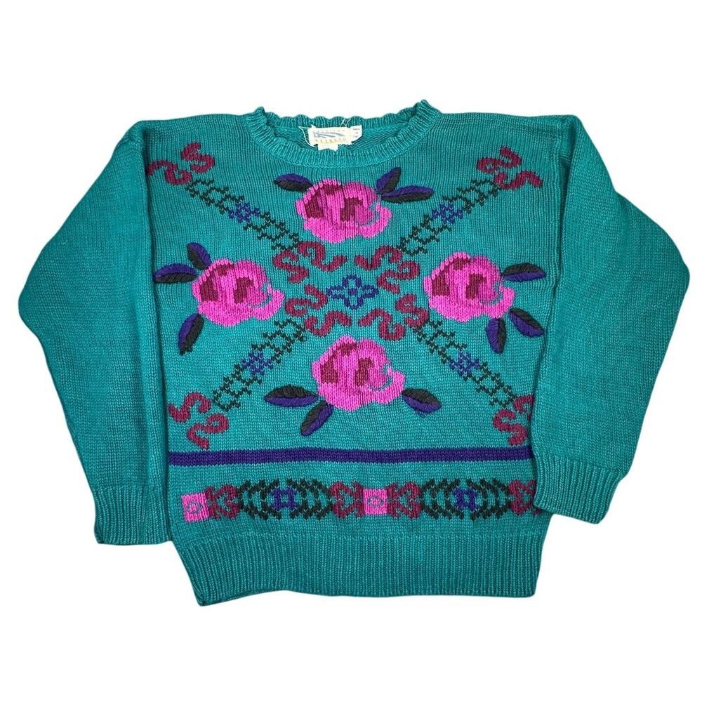 American Weekend Knit Floral Sweater Teal Ramie Cotton Vintage